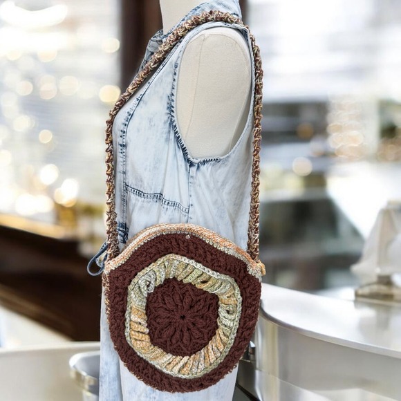 Handmade Handbags - Handmade Crochet Round Bag Boho Cottagecore Festival Hippie Indie Shoulder Purse